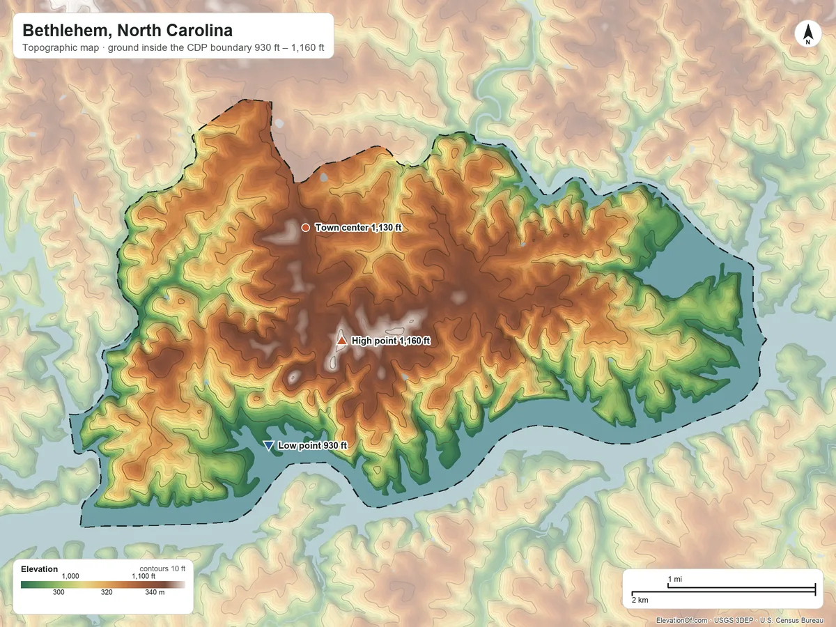 Topographic elevation map of Bethlehem, North Carolina, shaded from 930 ft on the south side to 1,160 ft on the south side