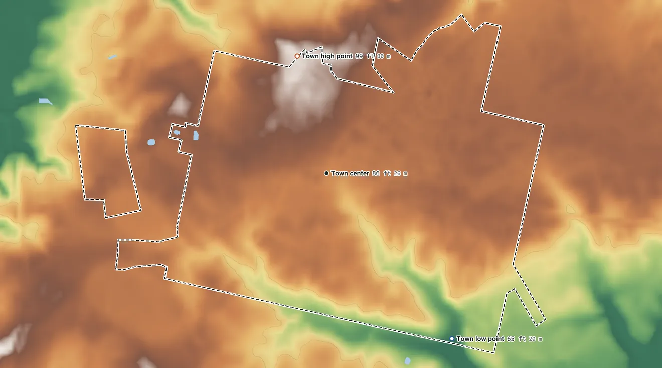 Topographic elevation map of Beulaville, North Carolina, shaded from 65 ft on the southeast side to 99 ft on the north side