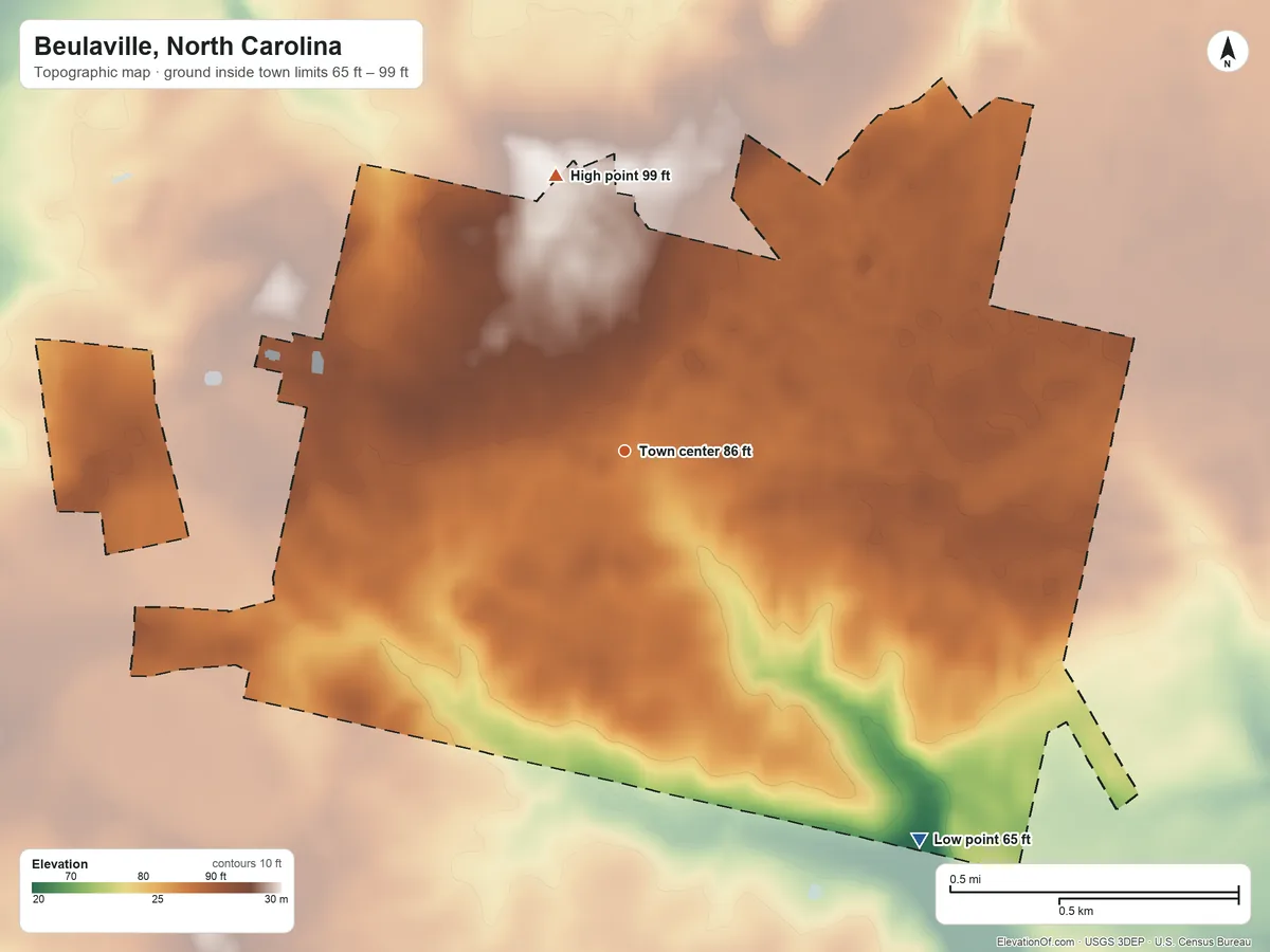 Topographic elevation map of Beulaville, North Carolina, shaded from 65 ft on the southeast side to 99 ft on the north side