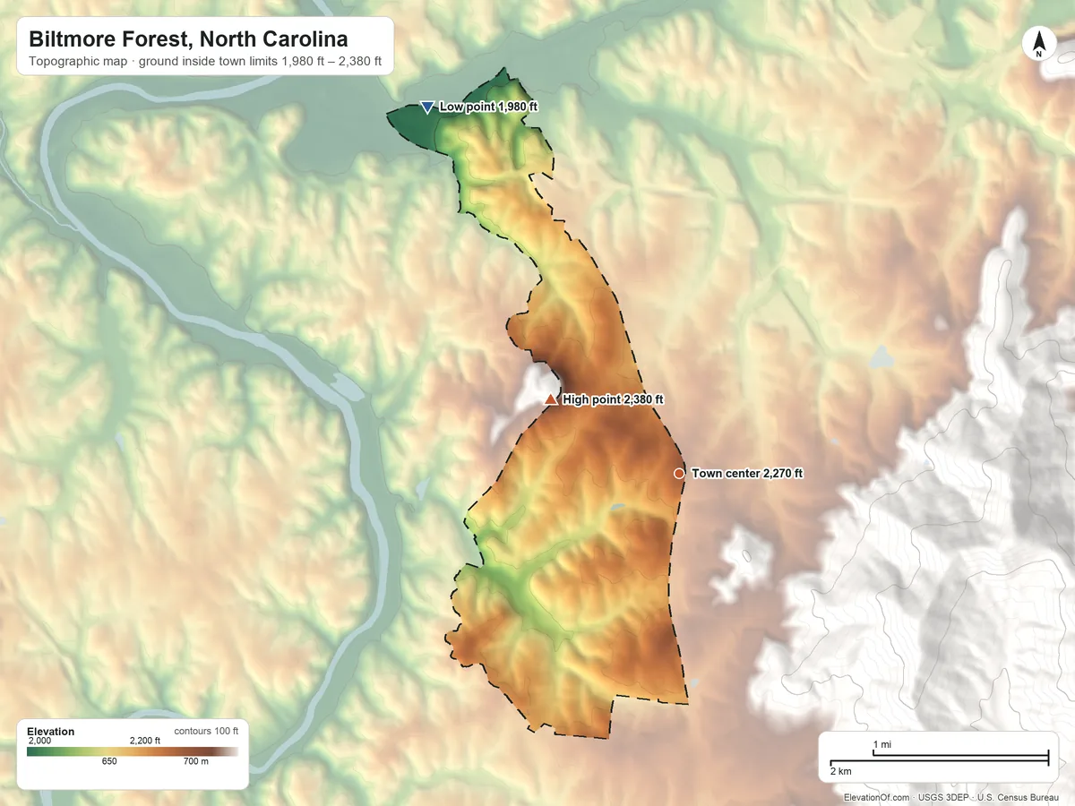 Topographic elevation map of Biltmore Forest, North Carolina, shaded from 1,980 ft on the northwest side to 2,380 ft on the northwest edge, below higher ground just outside