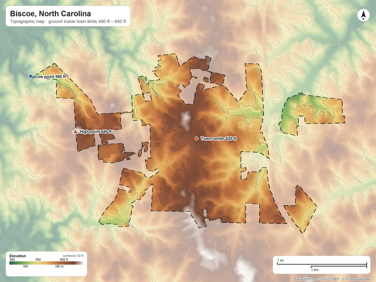 Topographic elevation map of Biscoe, North Carolina, shaded from 490 ft on the west side to 640 ft on the west side