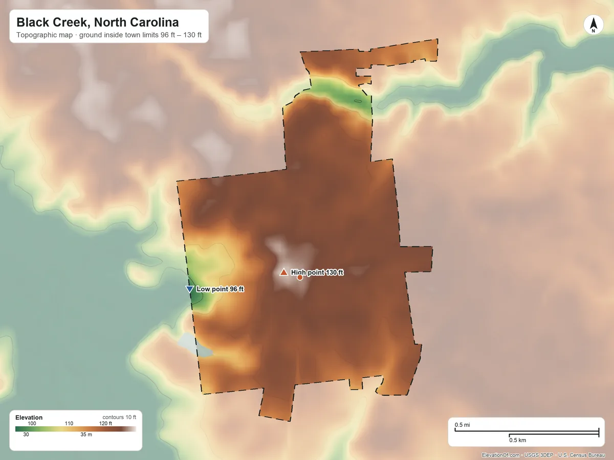 Topographic elevation map of Black Creek, North Carolina, shaded from 96 ft on the west side to 130 ft near the middle