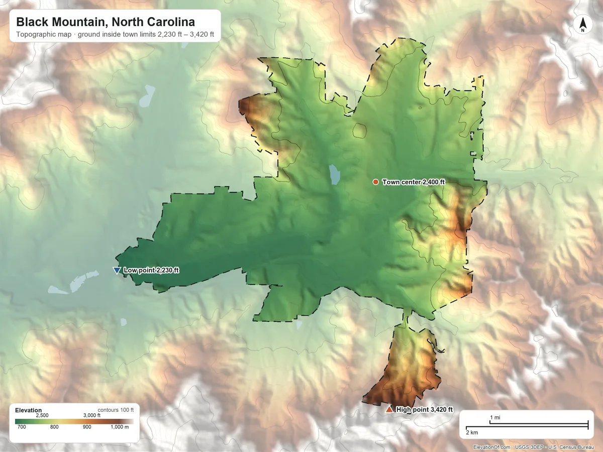 Topographic elevation map of Black Mountain, North Carolina, shaded from 2,230 ft on the west side to 3,420 ft at the foot of the Swannanoa Mountains