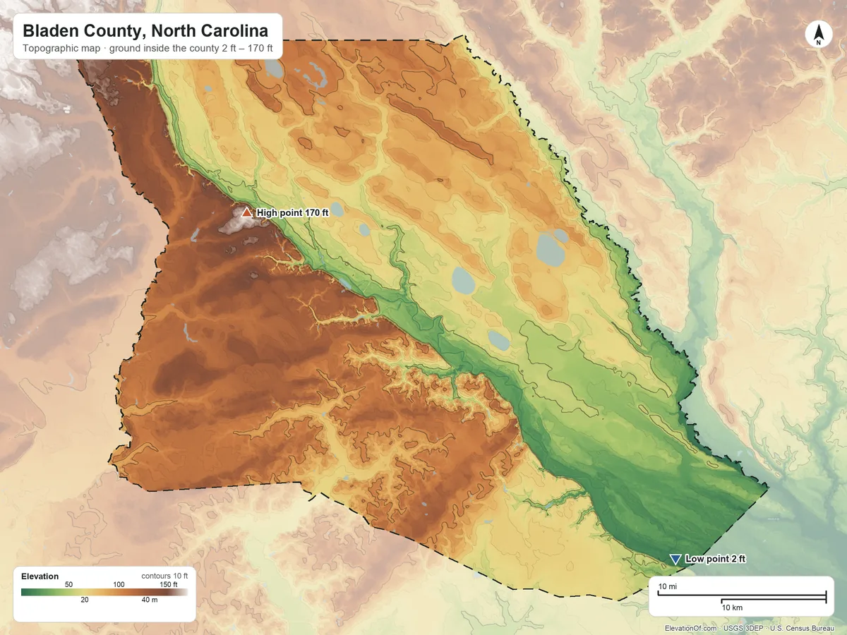 Topographic elevation map of Bladen County, North Carolina, shaded from 2 ft on the southeast side to 170 ft on the northwest side