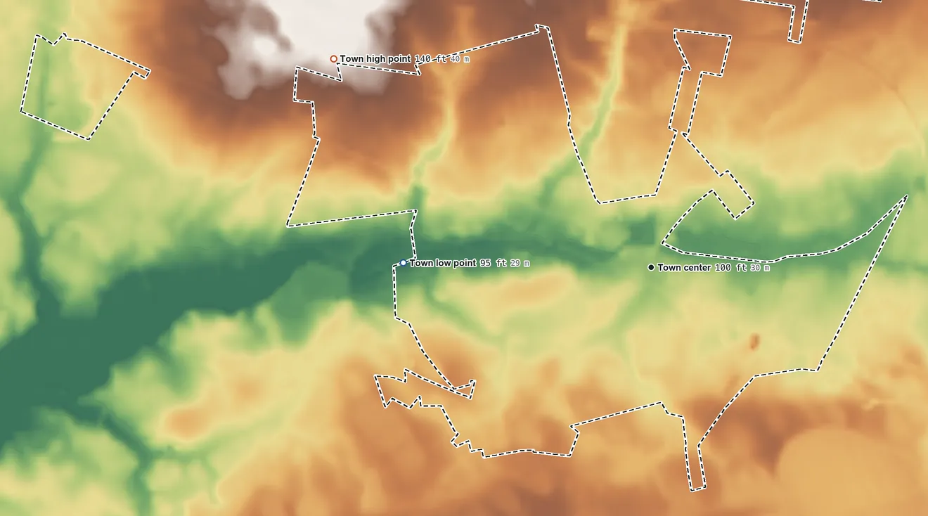 Topographic elevation map of Bladenboro, North Carolina, shaded from 95 ft on the west side to 140 ft on the northwest side