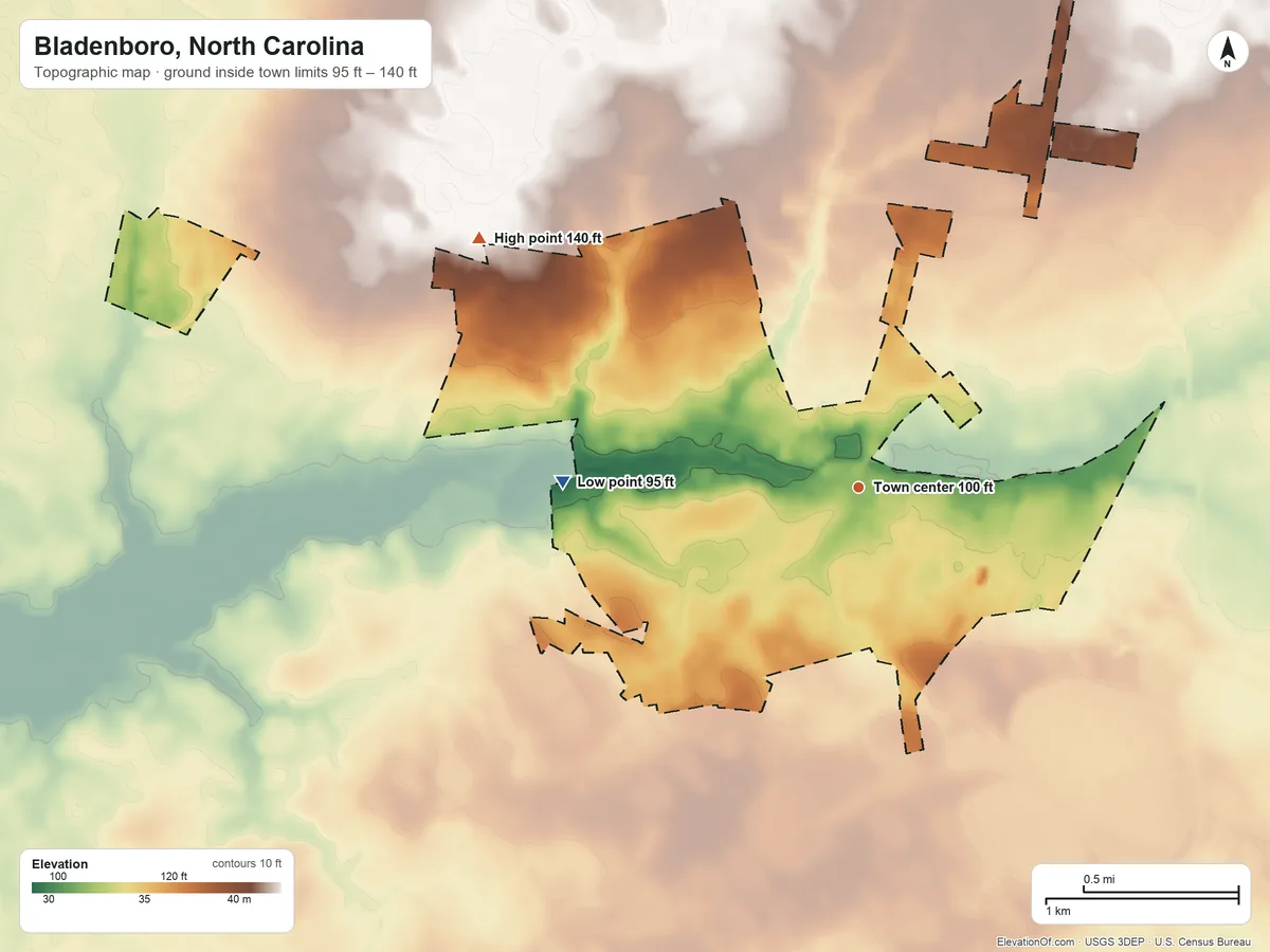 Topographic elevation map of Bladenboro, North Carolina, shaded from 95 ft on the west side to 140 ft on the northwest side