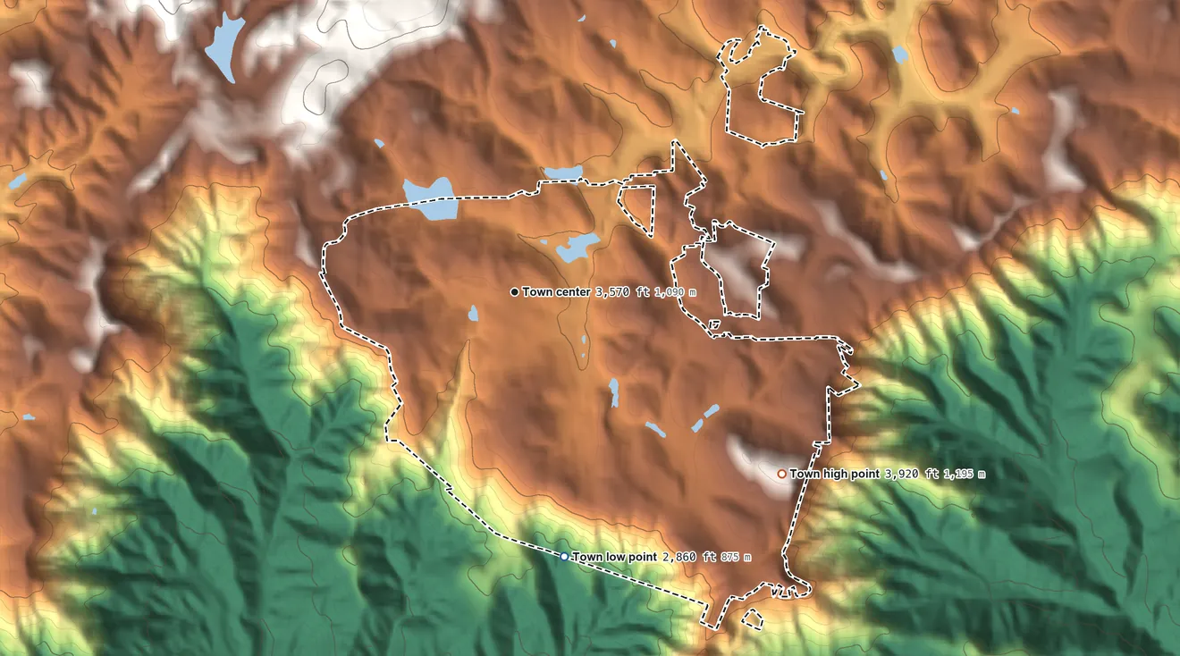 Topographic elevation map of Blowing Rock, North Carolina, shaded from 2,860 ft on the south side to 3,920 ft on the southeast side