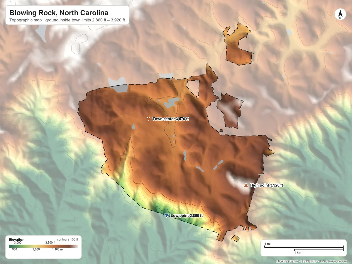 Topographic elevation map of Blowing Rock, North Carolina, shaded from 2,860 ft on the south side to 3,920 ft on the southeast side