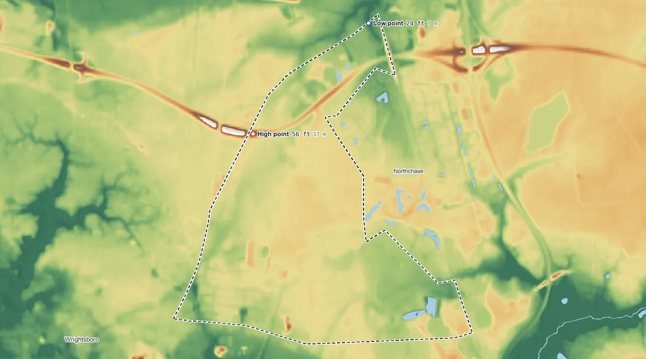 Topographic elevation map of Blue Clay Farms, North Carolina, shaded from 24 ft on the northeast side to 56 ft on the southwest side