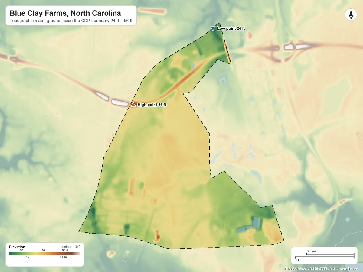 Topographic elevation map of Blue Clay Farms, North Carolina, shaded from 24 ft on the northeast side to 56 ft on the southwest side