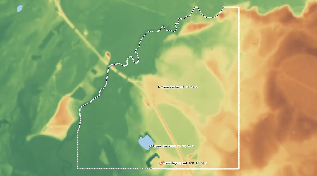Topographic elevation map of Boardman, North Carolina, shaded from 75 ft on the south side to 100 ft on the south side