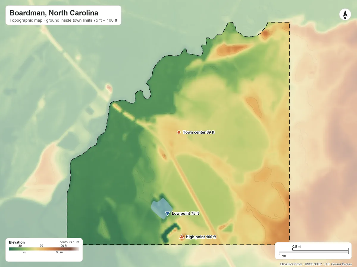 Topographic elevation map of Boardman, North Carolina, shaded from 75 ft on the south side to 100 ft on the south side