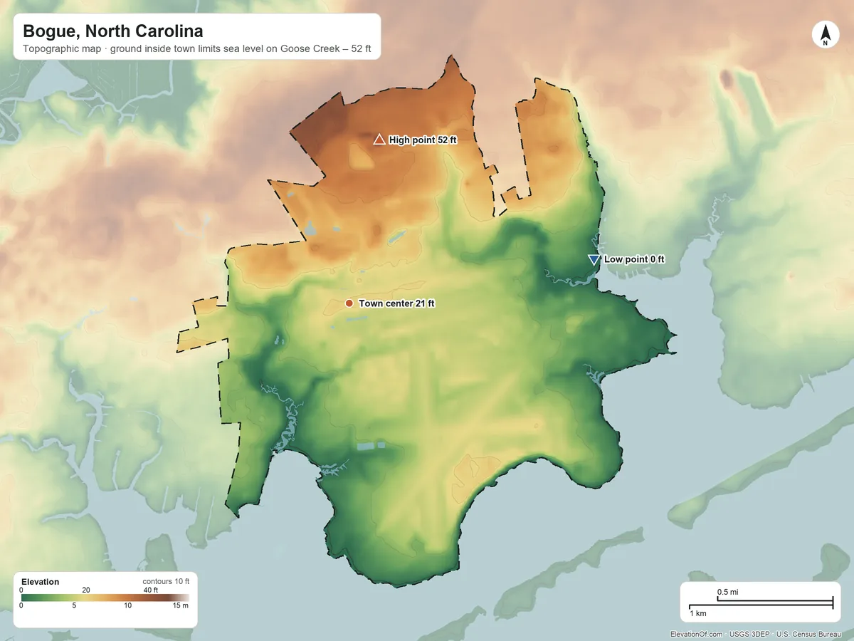 Topographic elevation map of Bogue, North Carolina, shaded from sea level level on Goose Creek to 52 ft on the north side