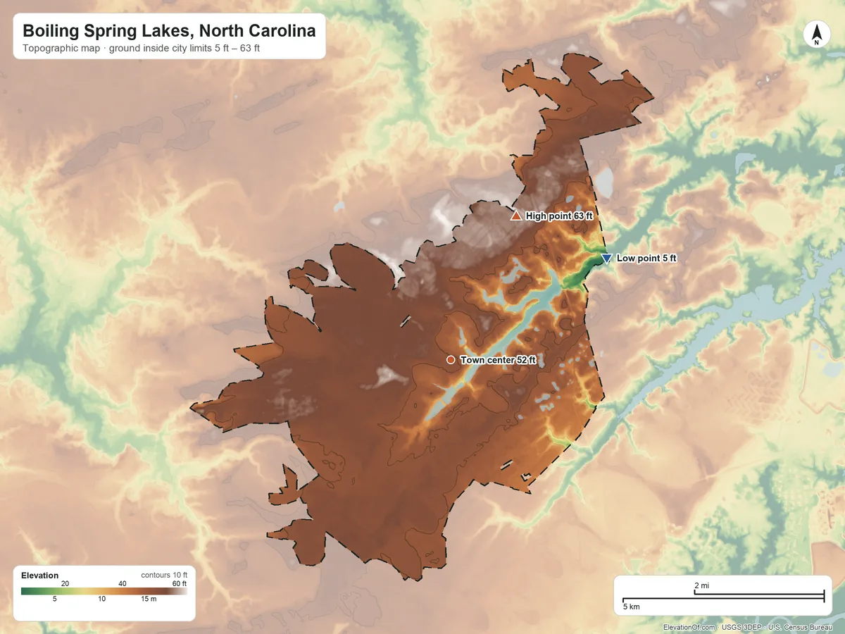 Topographic elevation map of Boiling Spring Lakes, North Carolina, shaded from 5 ft on the northeast side to 63 ft on the northeast side