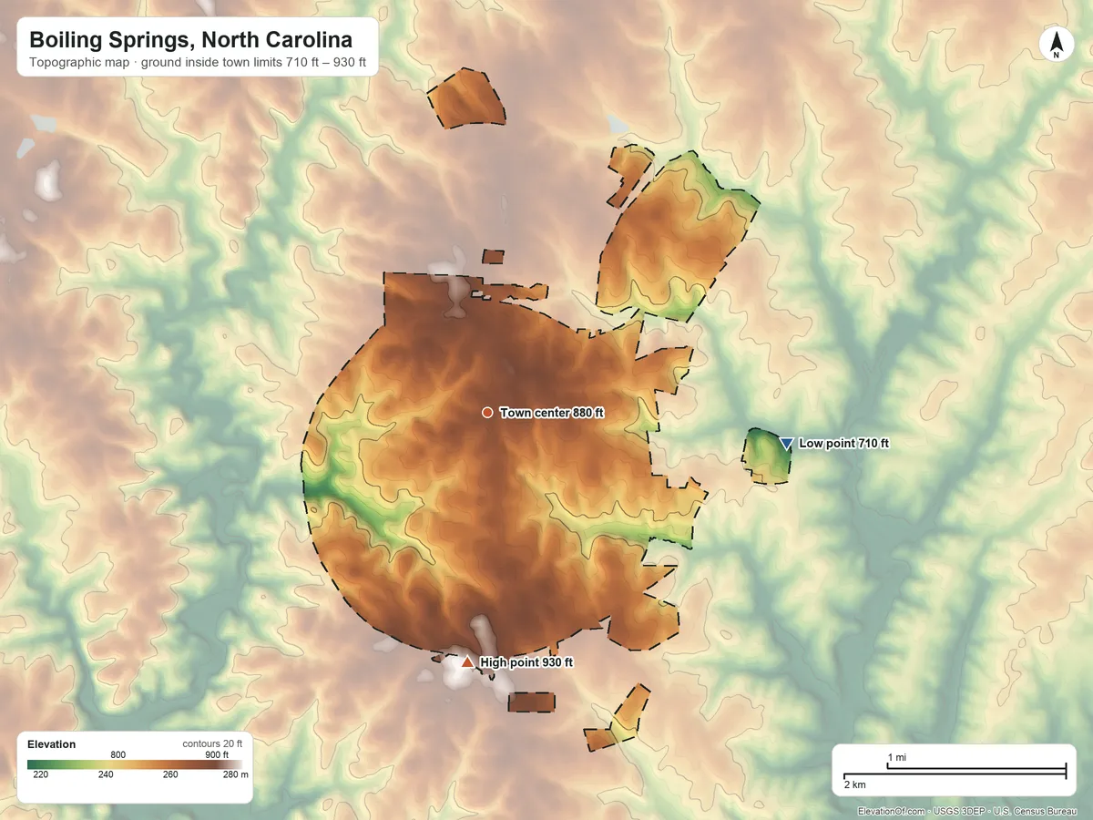 Topographic elevation map of Boiling Springs, North Carolina, shaded from 710 ft on the east side to 930 ft on the south side
