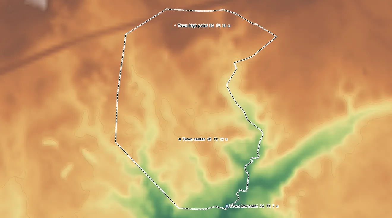 Topographic elevation map of Bolivia, North Carolina, shaded from 24 ft on the southeast side to 51 ft on the north side