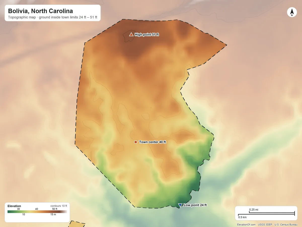 Topographic elevation map of Bolivia, North Carolina, shaded from 24 ft on the southeast side to 51 ft on the north side
