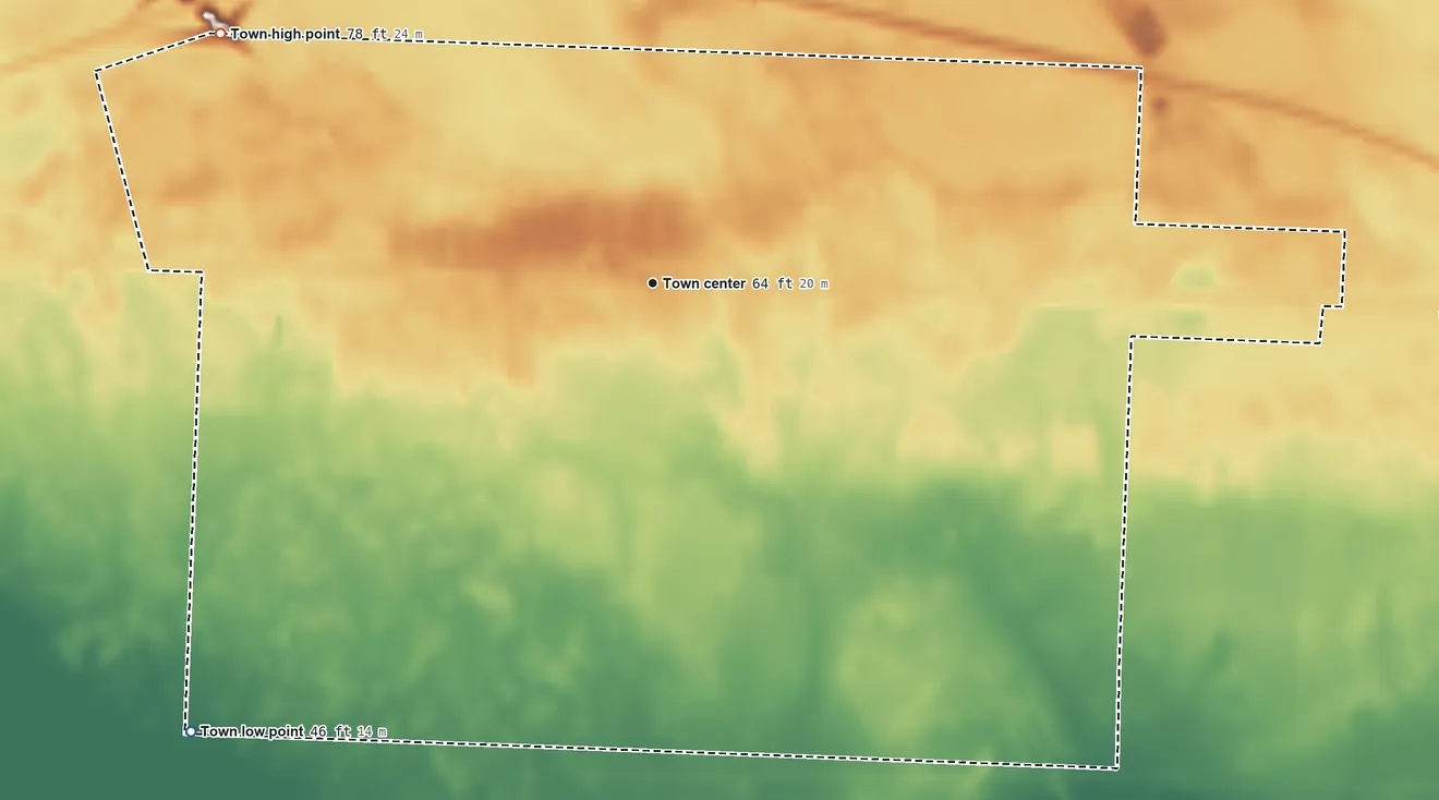 Topographic elevation map of Bolton, North Carolina, shaded from 46 ft on the southwest side to 78 ft on the northwest side