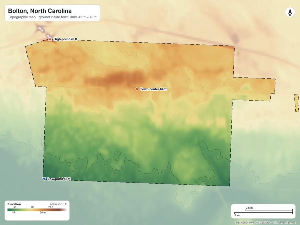 Topographic elevation map of Bolton, North Carolina, shaded from 46 ft on the southwest side to 78 ft on the northwest side