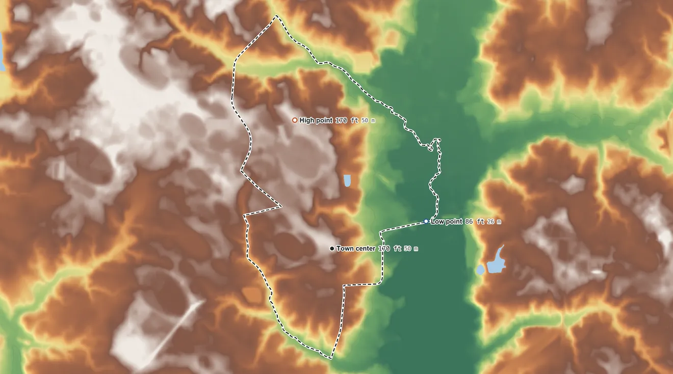 Topographic elevation map of Bonnetsville, North Carolina, shaded from 86 ft on the east side to 170 ft on the north side