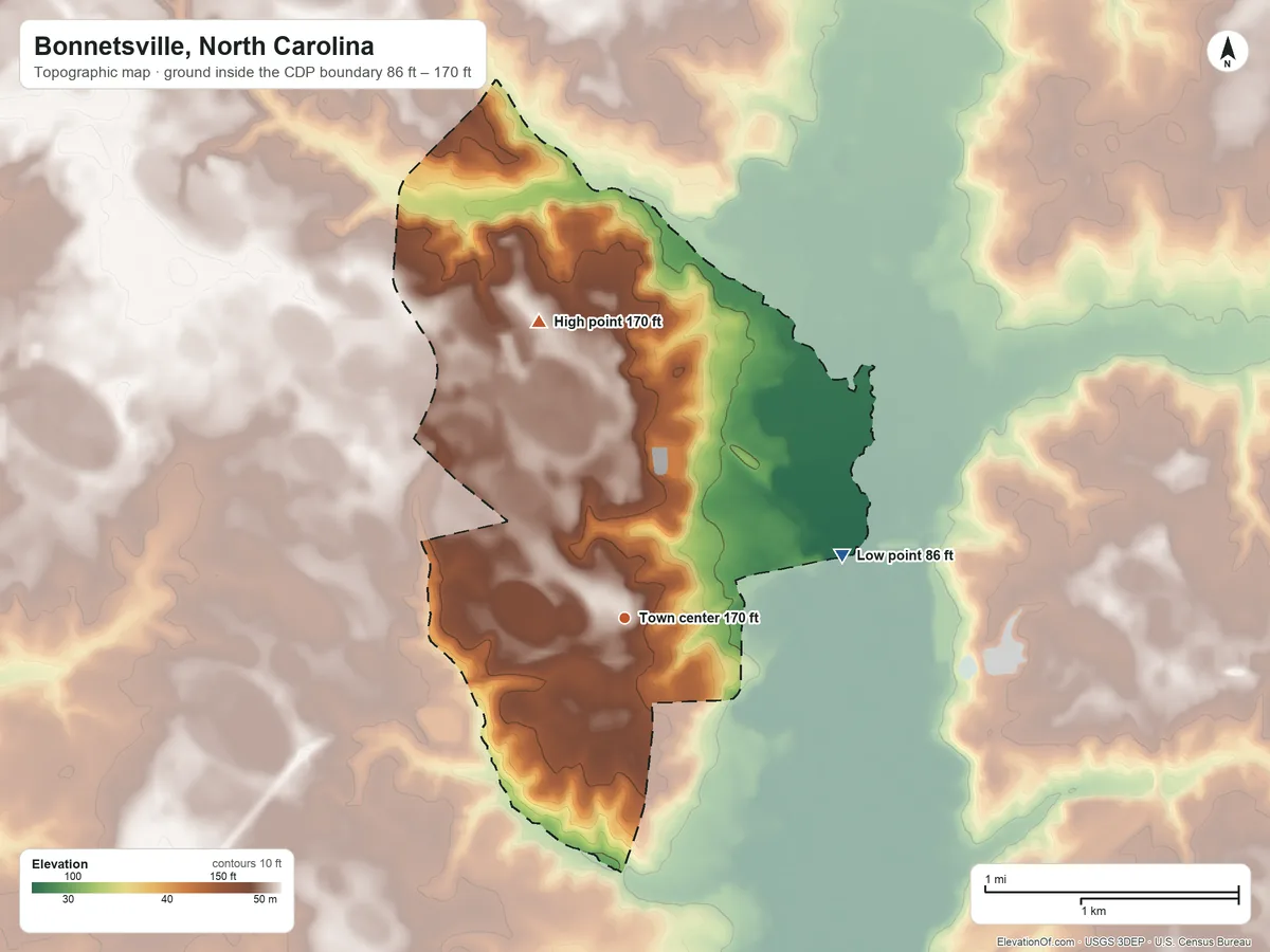 Topographic elevation map of Bonnetsville, North Carolina, shaded from 86 ft on the east side to 170 ft on the north side