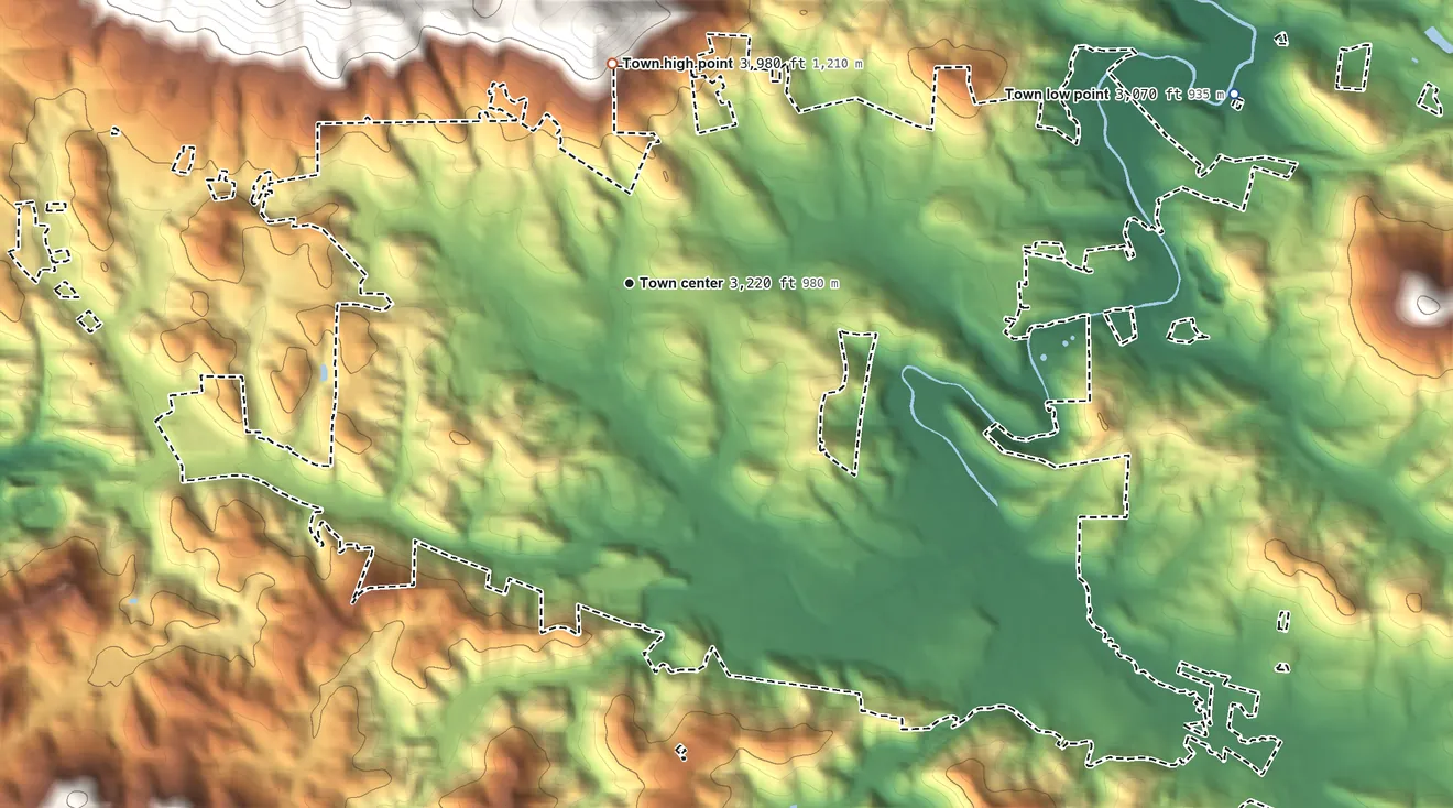 Topographic elevation map of Boone, North Carolina, shaded from 3,070 ft on the east side to 3,980 ft on the north edge, below higher ground just outside