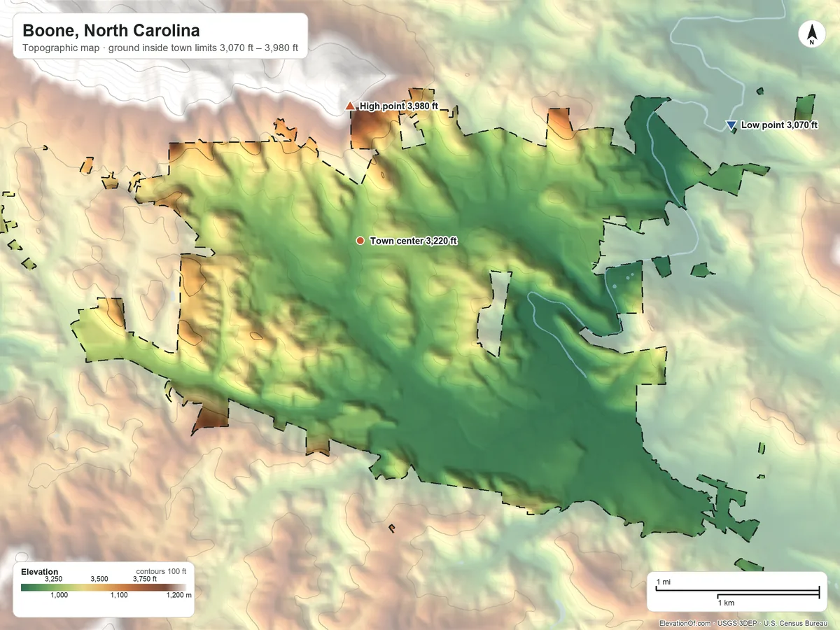 Topographic elevation map of Boone, North Carolina, shaded from 3,070 ft on the east side to 3,980 ft on the north edge, below higher ground just outside
