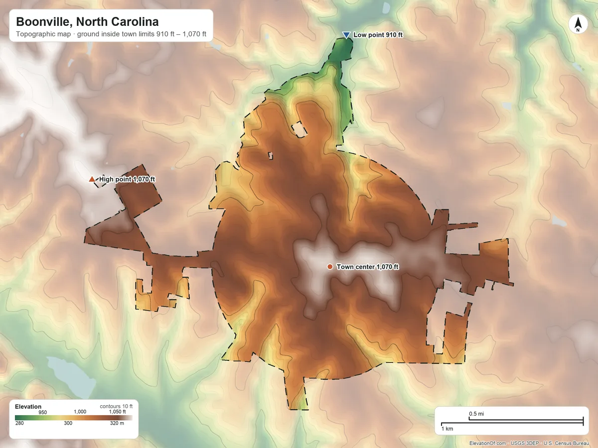 Topographic elevation map of Boonville, North Carolina, shaded from 910 ft on the north side to 1,070 ft on the west side