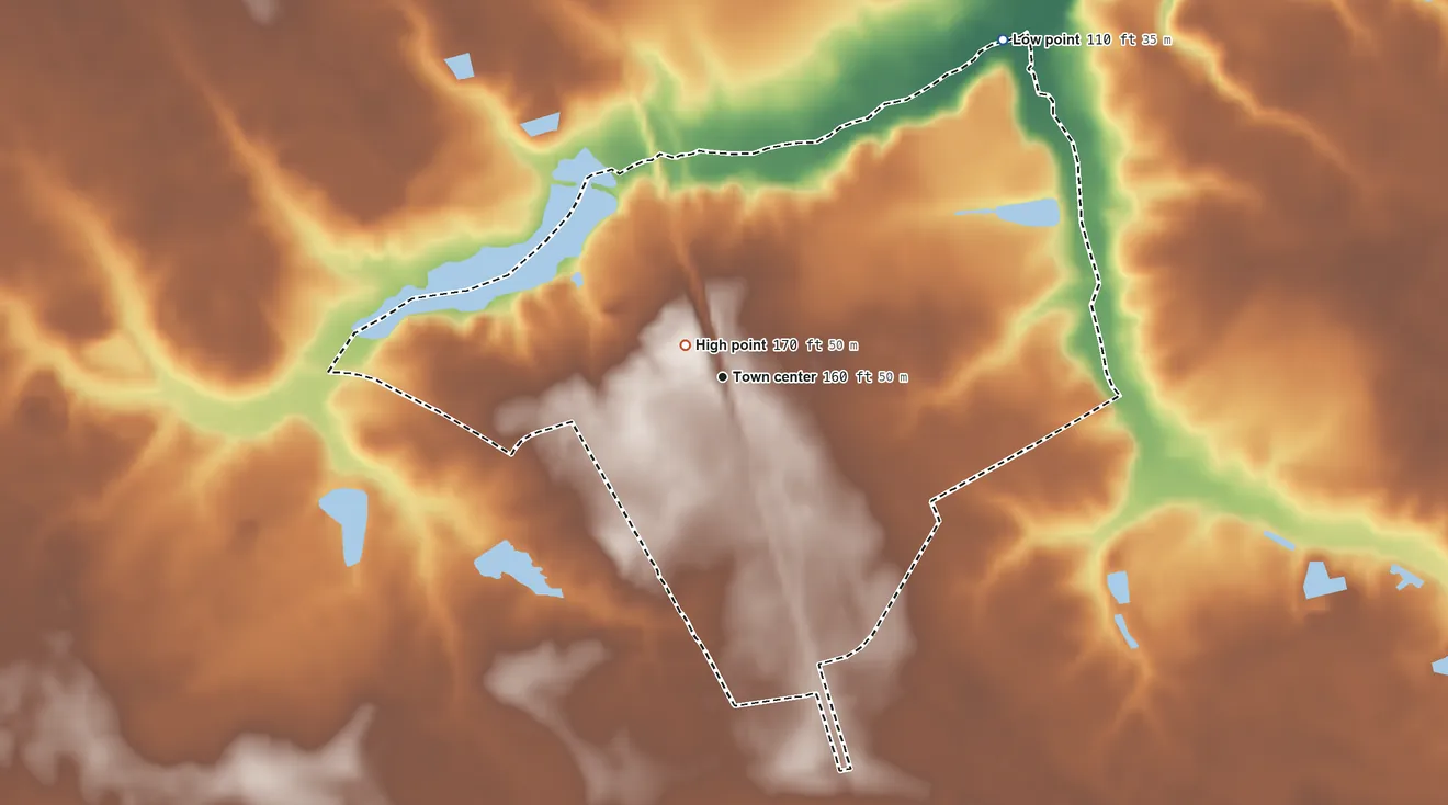 Topographic elevation map of Bowdens, North Carolina, shaded from 110 ft on the northeast side to 170 ft near the middle