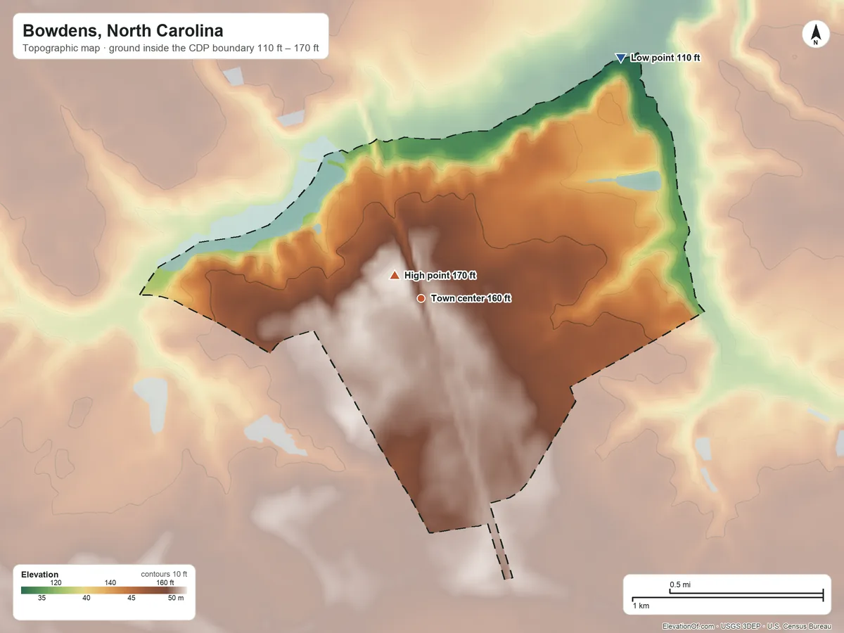 Topographic elevation map of Bowdens, North Carolina, shaded from 110 ft on the northeast side to 170 ft near the middle