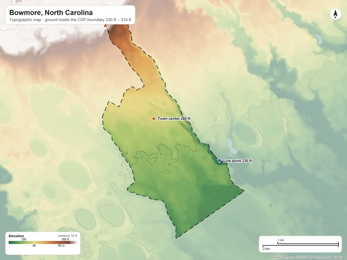 Topographic elevation map of Bowmore, North Carolina, shaded from 230 ft on the southeast side to 310 ft on the northwest side