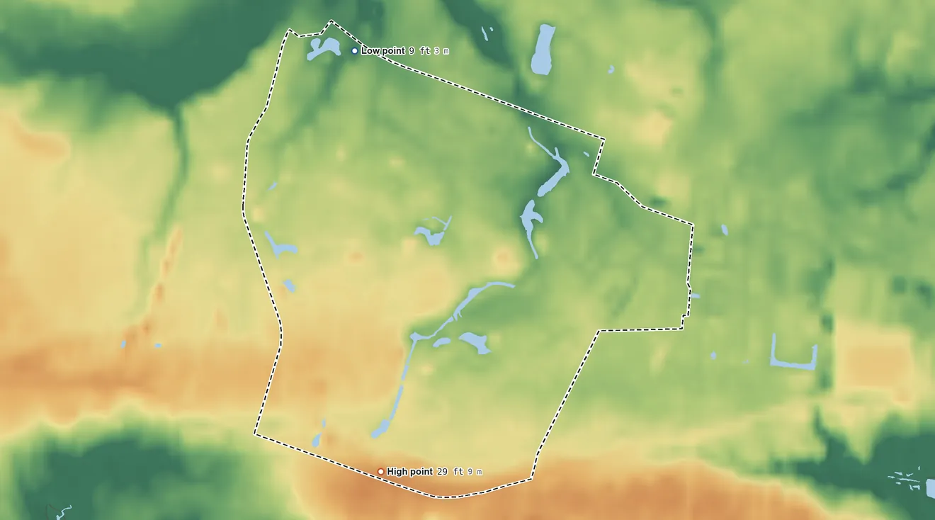 Topographic elevation map of Brandywine Bay, North Carolina, shaded from 9 ft on the northwest side to 29 ft on the south side