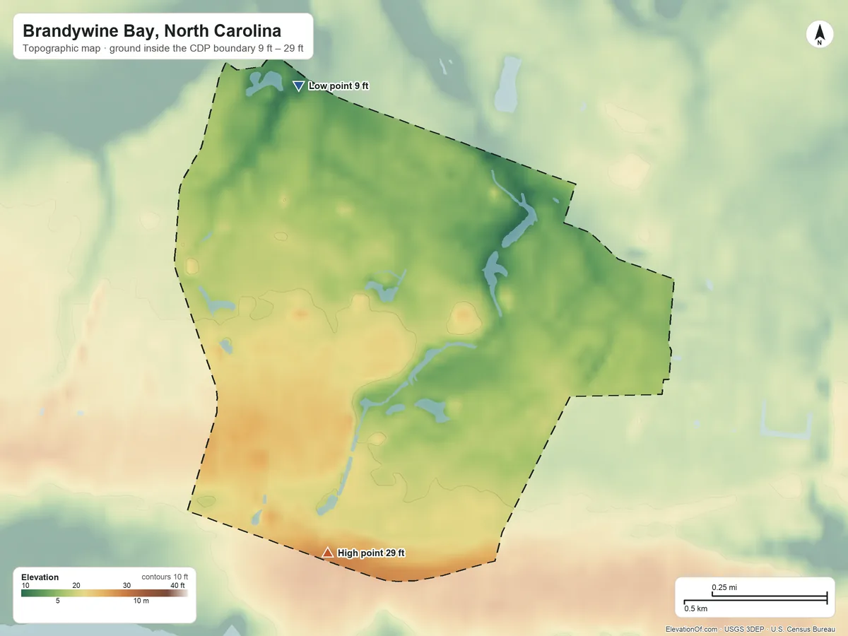 Topographic elevation map of Brandywine Bay, North Carolina, shaded from 9 ft on the northwest side to 29 ft on the south side