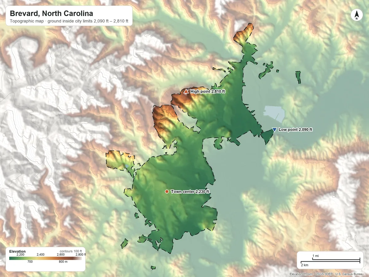 Topographic elevation map of Brevard, North Carolina, shaded from 2,090 ft on the northeast side to 2,810 ft on Elk Lodge Mountain
