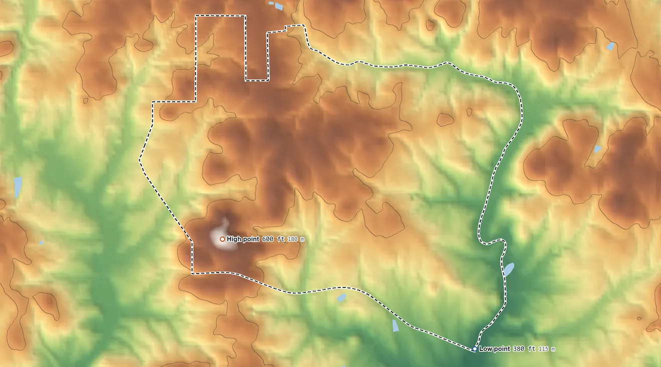 Topographic elevation map of Briar Chapel, North Carolina, shaded from 380 ft on the southeast side to 600 ft on the southwest side