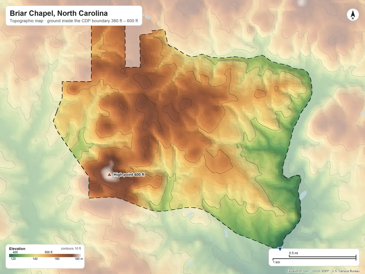 Topographic elevation map of Briar Chapel, North Carolina, shaded from 380 ft on the southeast side to 600 ft on the southwest side