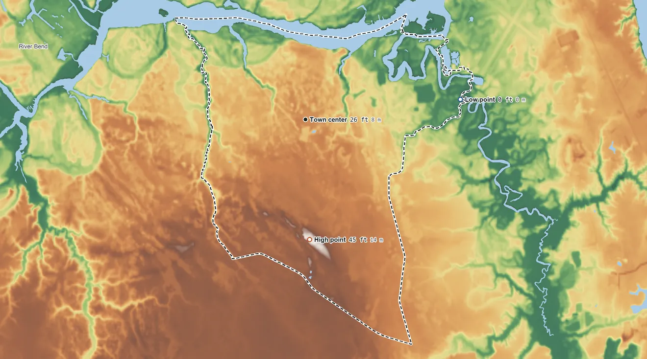 Topographic elevation map of Brices Creek, North Carolina, shaded from 0 ft on the east side to 45 ft on the south side