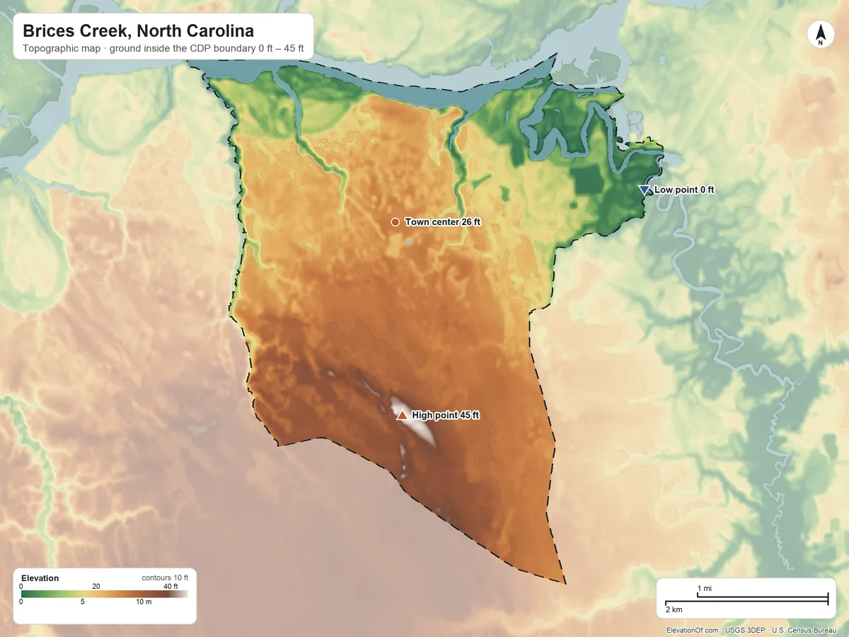 Topographic elevation map of Brices Creek, North Carolina, shaded from 0 ft on the east side to 45 ft on the south side