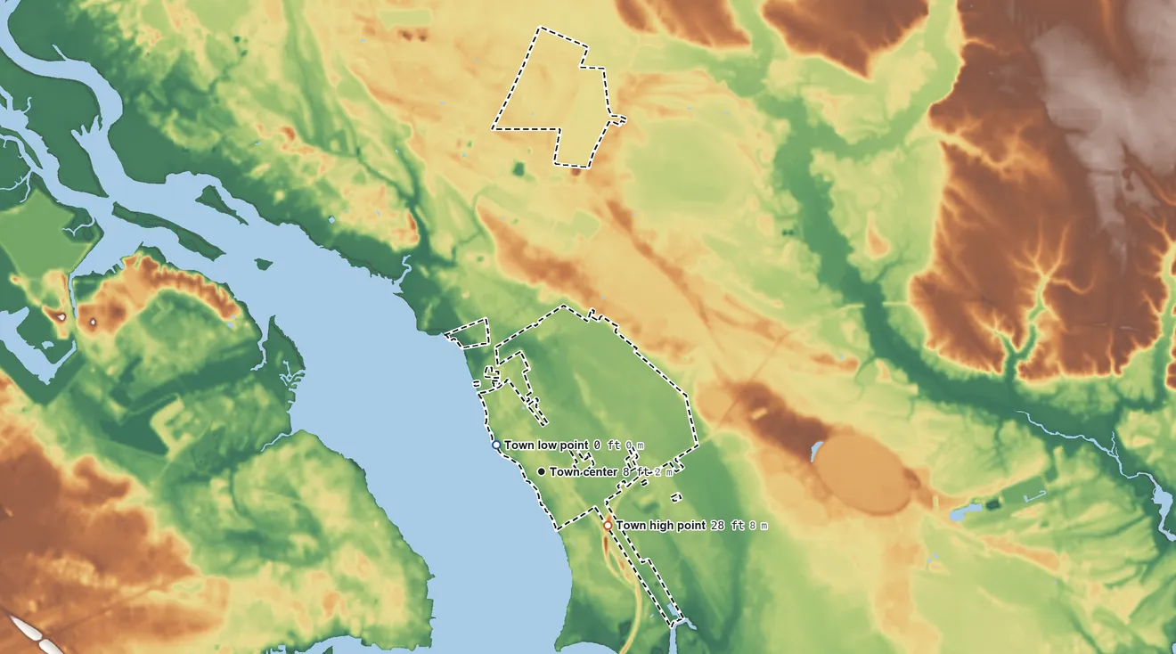 Topographic elevation map of Bridgeton, North Carolina, shaded from 0 ft near the middle to 28 ft on the southeast side