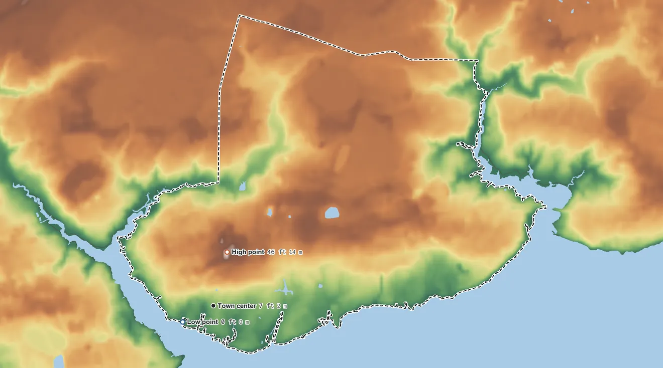 Topographic elevation map of Broad Creek, North Carolina, shaded from 0 ft near the middle to 46 ft on the north side