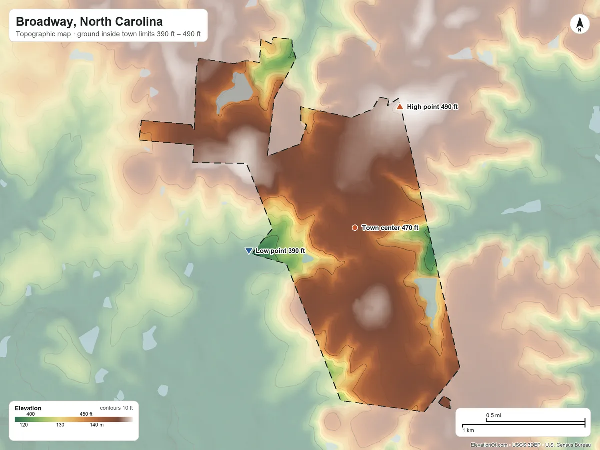 Topographic elevation map of Broadway, North Carolina, shaded from 390 ft on the west side to 490 ft on the north side