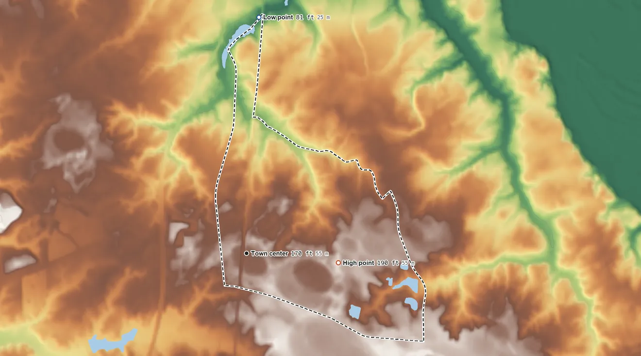 Topographic elevation map of Brogden, North Carolina, shaded from 81 ft on the north side to 190 ft on the east side
