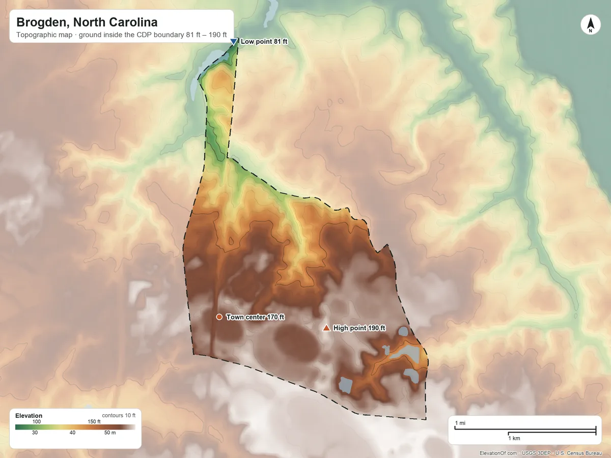 Topographic elevation map of Brogden, North Carolina, shaded from 81 ft on the north side to 190 ft on the east side