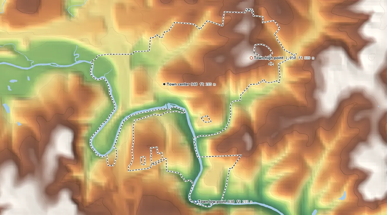 Topographic elevation map of Brookford, North Carolina, shaded from 830 ft on the south side to 1,050 ft on the east side