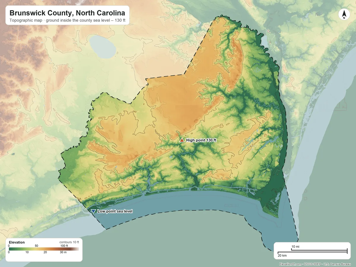 Topographic elevation map of Brunswick County, North Carolina, shaded from sea level on the Atlantic Ocean to 130 ft near the middle