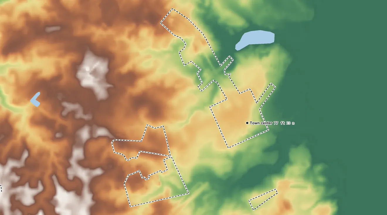Topographic elevation map of Brunswick, North Carolina, shaded from 56 ft on the southeast side to 110 ft on the west side