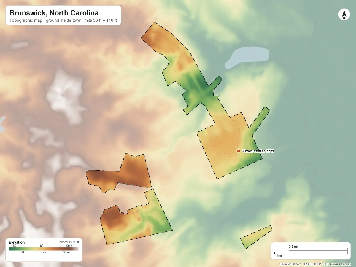 Topographic elevation map of Brunswick, North Carolina, shaded from 56 ft on the southeast side to 110 ft on the west side
