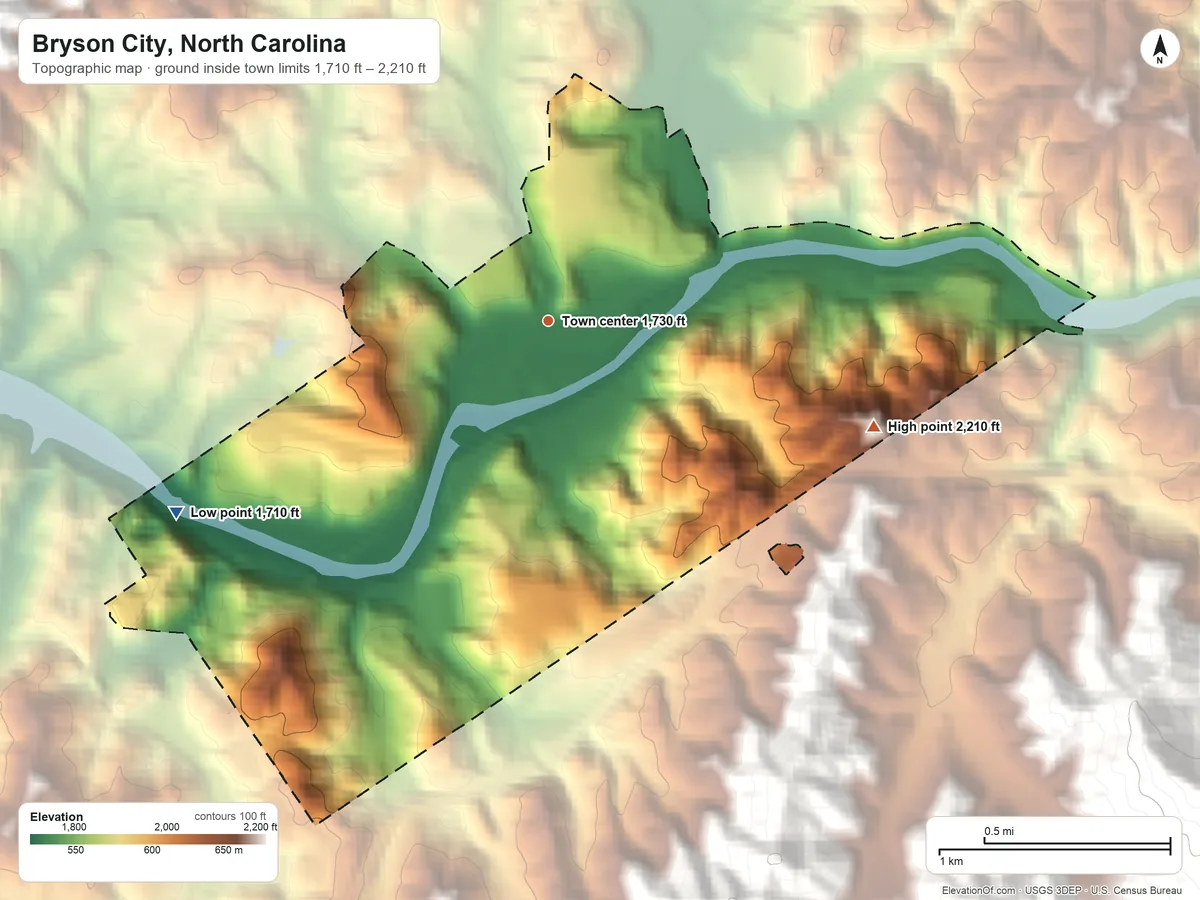Topographic elevation map of Bryson City, North Carolina, shaded from 1,710 ft on the southwest side to 2,210 ft on the east edge, below higher ground just outside