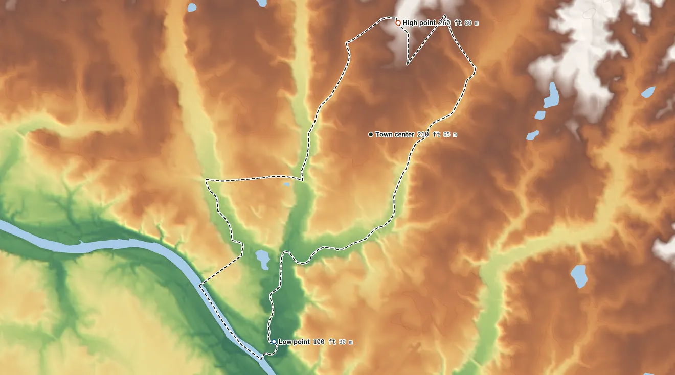 Topographic elevation map of Buies Creek, North Carolina, shaded from 100 ft on the southwest side to 260 ft on the north side