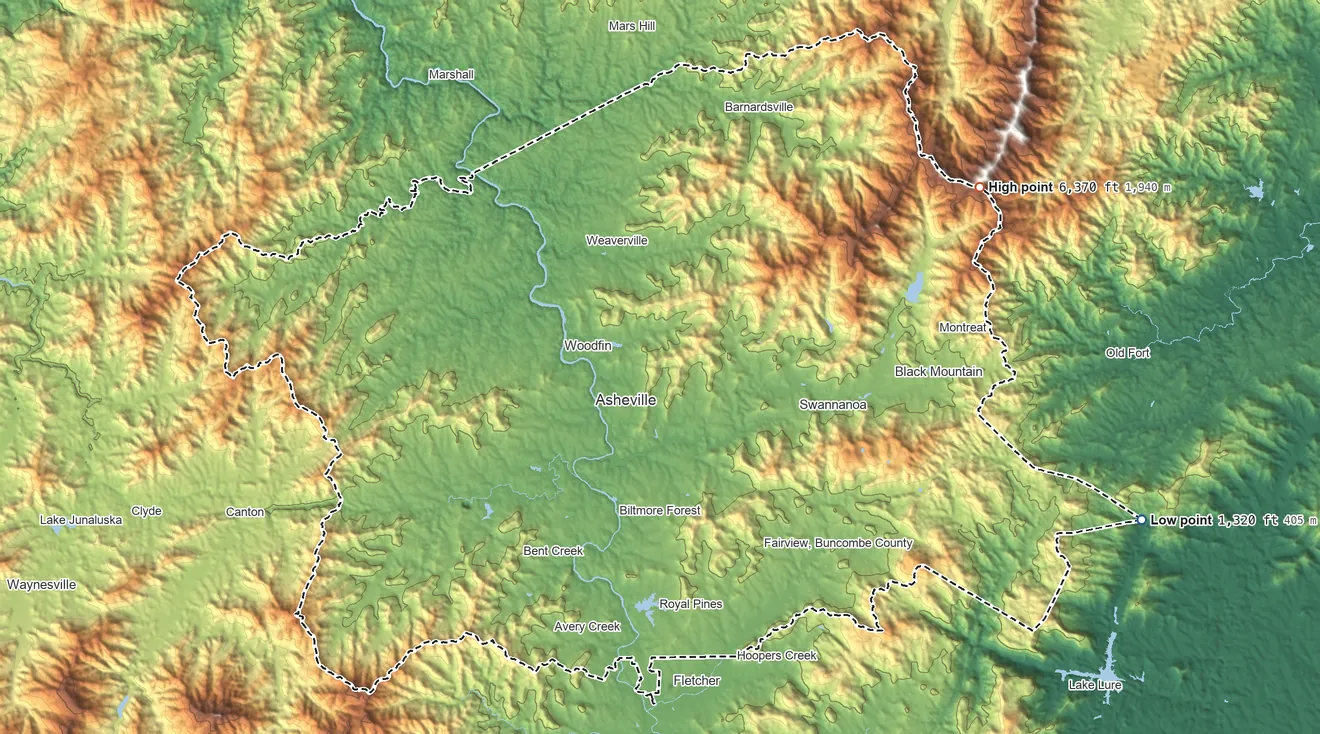 Topographic elevation map of Buncombe County, North Carolina, shaded from 1,320 ft on the east side to 6,370 ft on the northeast side